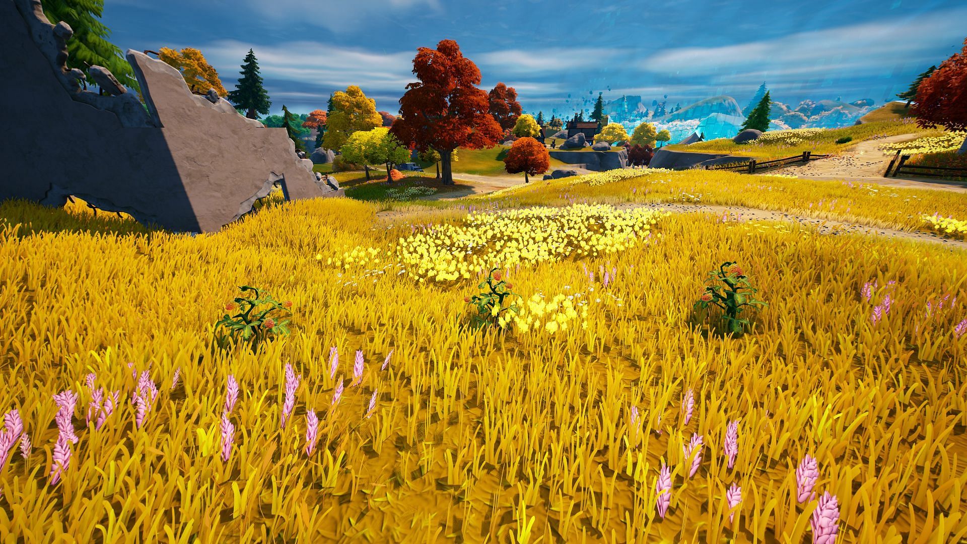 Land in the Medieval biome, aka the biome with the orange/red trees (Image via Epic Games/Fortnite)