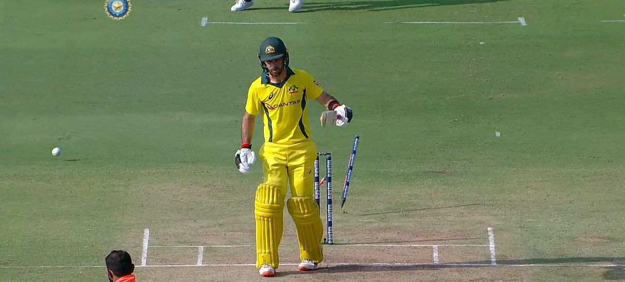 Glenn Maxwell loses his wicket to the seasoned Indian pacer. (Pic: Disney+Hotstar)