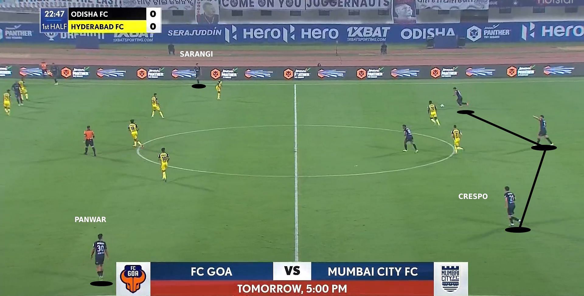 Saul Crespo dropping deeper to allow the full backs to advance (Image Credits: Hotstar)