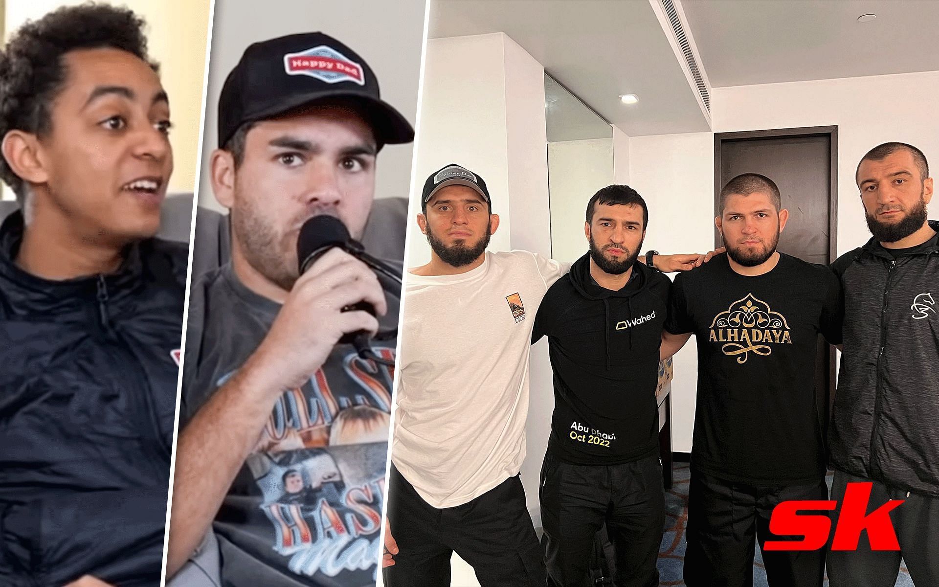 Salim Sirur and Kyle Forgeard (Left), Islam Makhachev, Zubaira Tukhogov, Khabib Nurmagomedov, Abubakar Nurmagomedov (Right) [Image courtesy: @Fight 360 on YouTube, @khabib_nurmagomedov on Instagram]