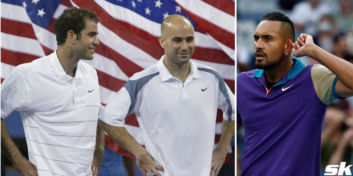 Pete Sampras, Andre Agassi and Nick Kyrgios pictured