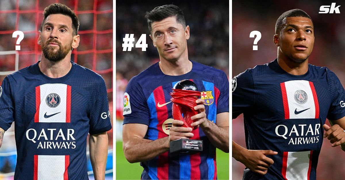 Lionel Messi (left), Robert Lewandowski (center) and Kylian Mbappe (right)