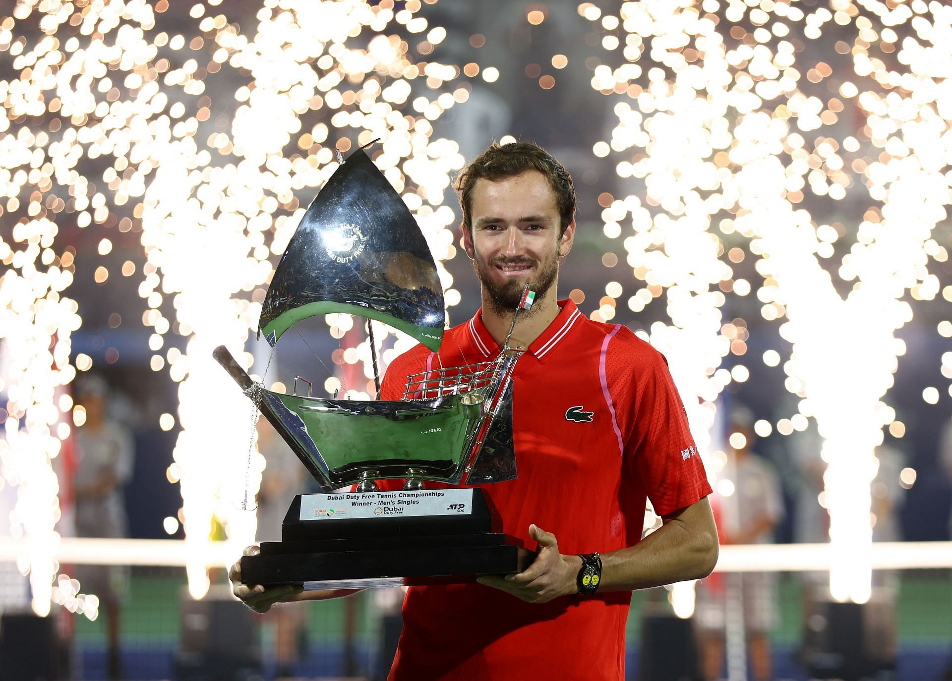 Daniil Medvedev with the Dubai Tennis Championships trophy