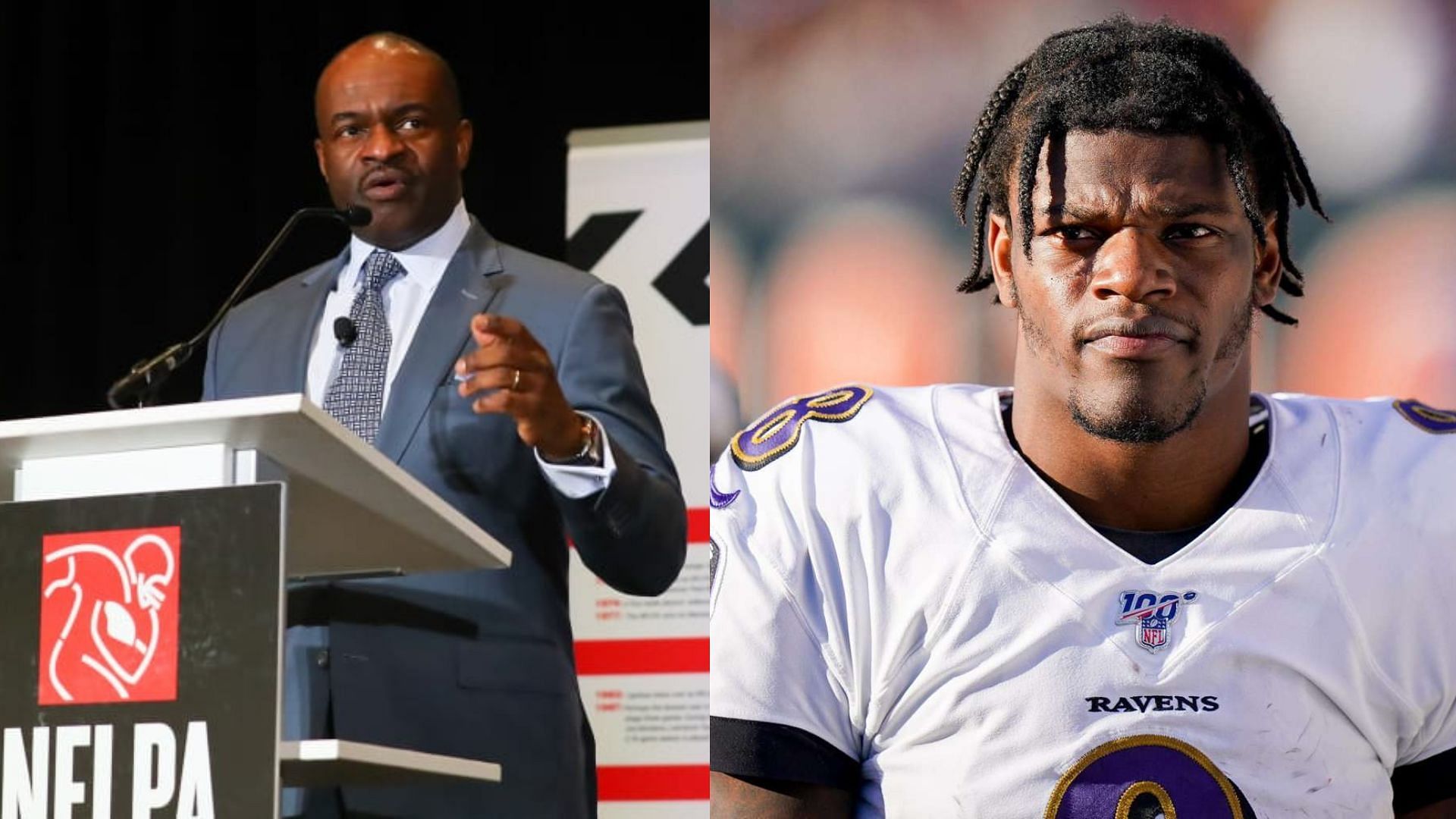 NFLPA Executive Director DeMaurice Smith (l) and Ravens QB Lamar Jackson (r) 