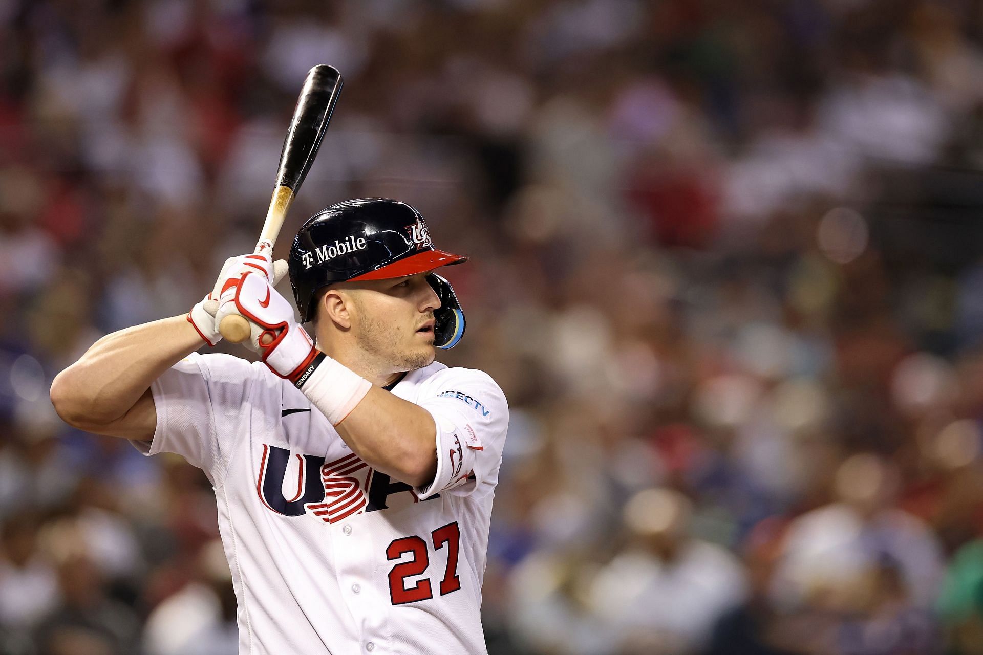 World Baseball Classic Pool C: Great Britain v United States: PHOENIX, ARIZONA - MARCH 11: Mike Trout #27 of Team USA bats against Team Great Britain during the World Baseball Classic Pool C game at Chase Field on March 11, 2023, in Phoenix, Arizona. Team USA defeated Team Great Britain 6-2. (Photo by Christian Petersen/Getty Images)