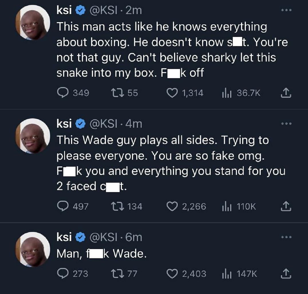 KSI calls Wade Plem a &quot;c*nt&quot; (Image via Twitter)