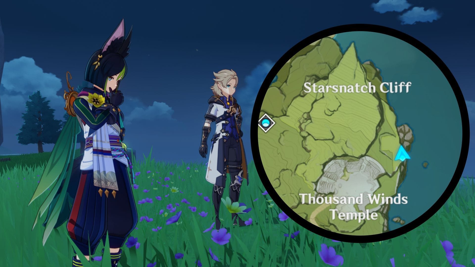 Tighnari and Albedo are near Thousand Winds Temple (Image via HoYoverse)