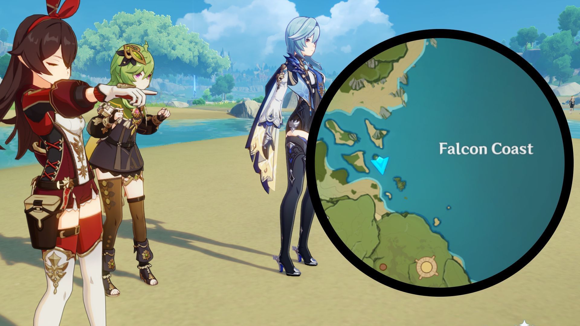 Эмбер, Коллей и Эула осматривают достопримечательности (Изображение через HoYoverse)