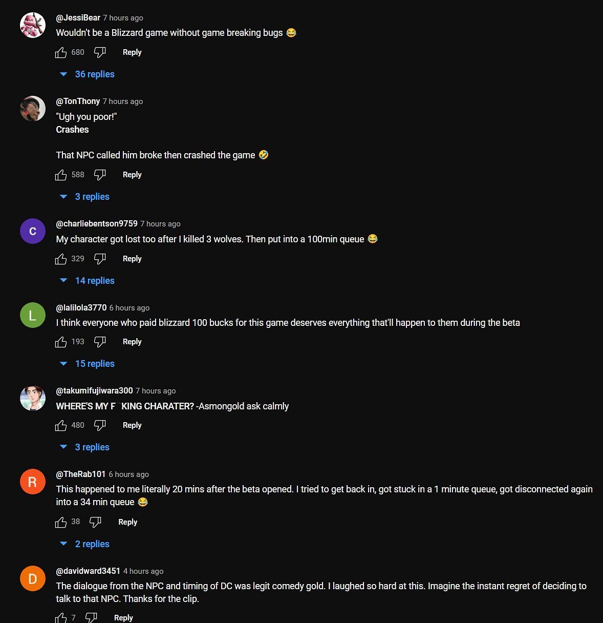 Comments criticizing Blizzard for the Diablo 4 crash (Image via Asmongold Clips/YouTube)