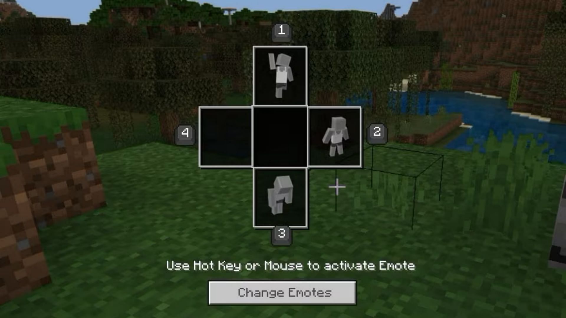 Emote wheel reduced to four emote slots with hotkeys assigned to each of them (Image via Mojang)