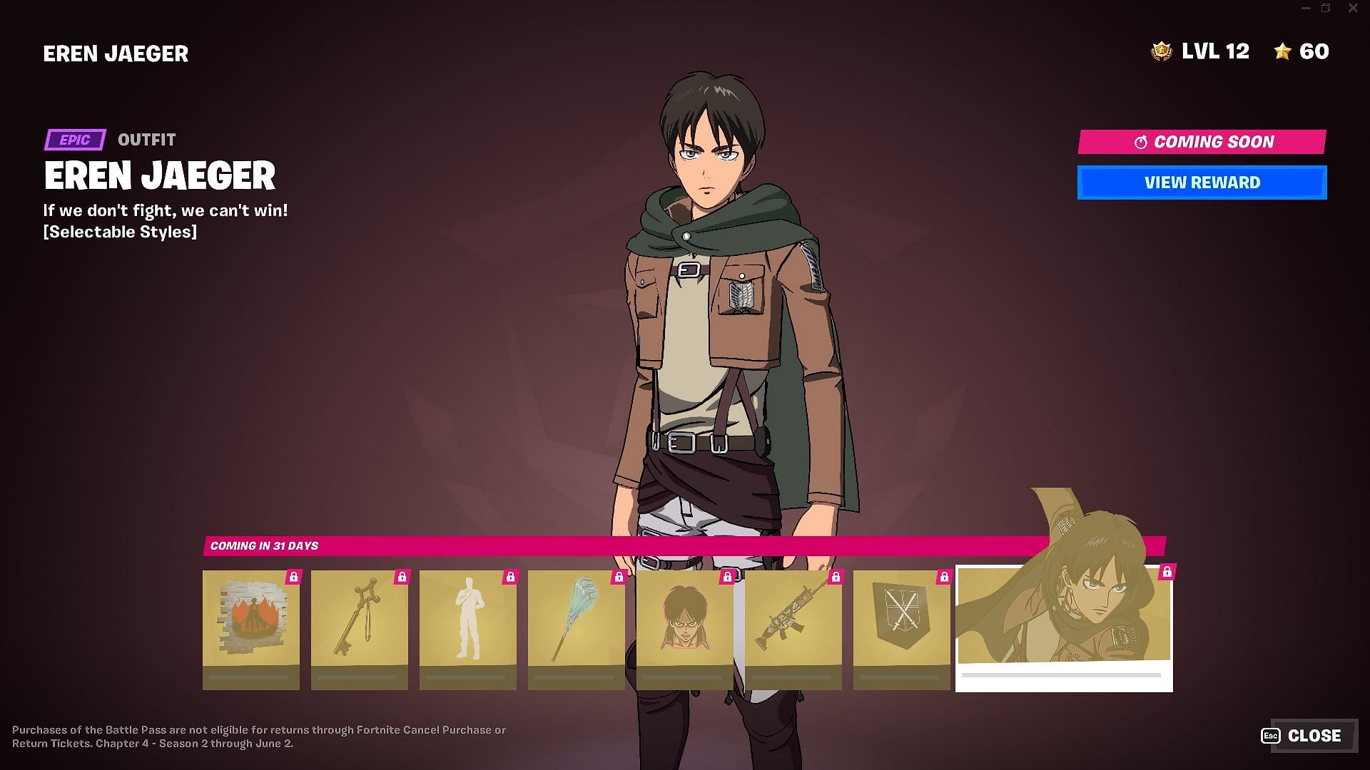Eren Jaeger will become available in-game by April 15, 2023 (Image via Epic Games/Fortnite)