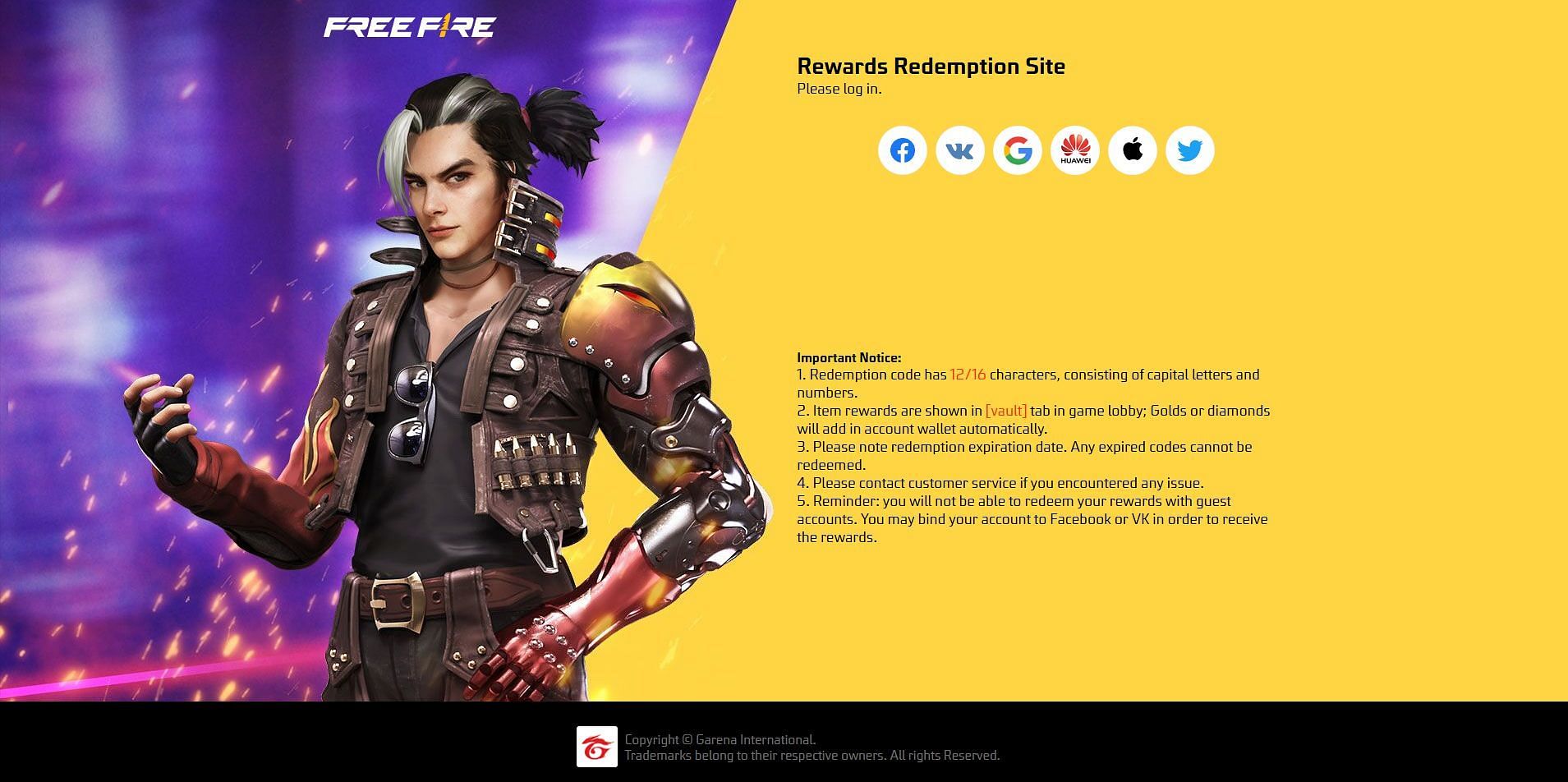 Garena has provided six methods to sign in on the Rewards Redemption Site (Image via Garena)