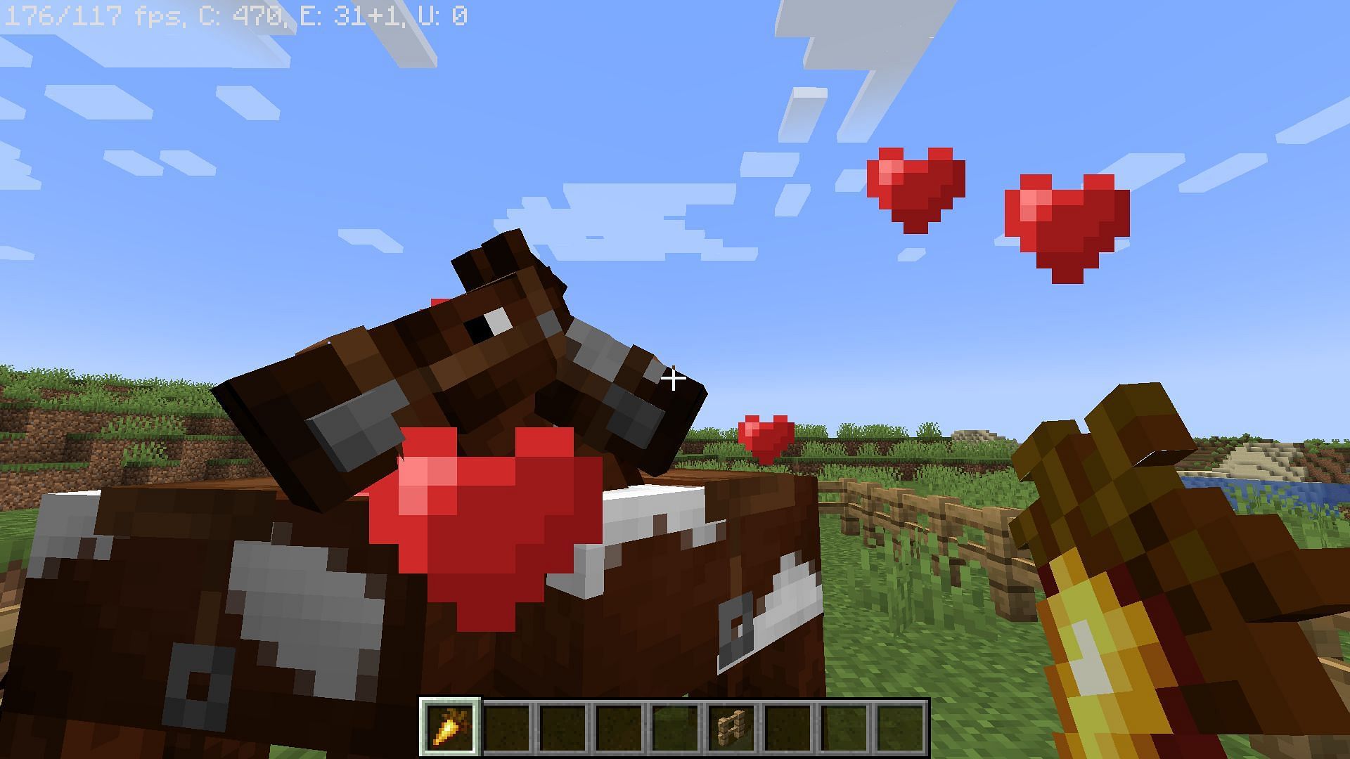 Horses breeding with each other after eating golden carrot in Minecraft (Image via Mojang)