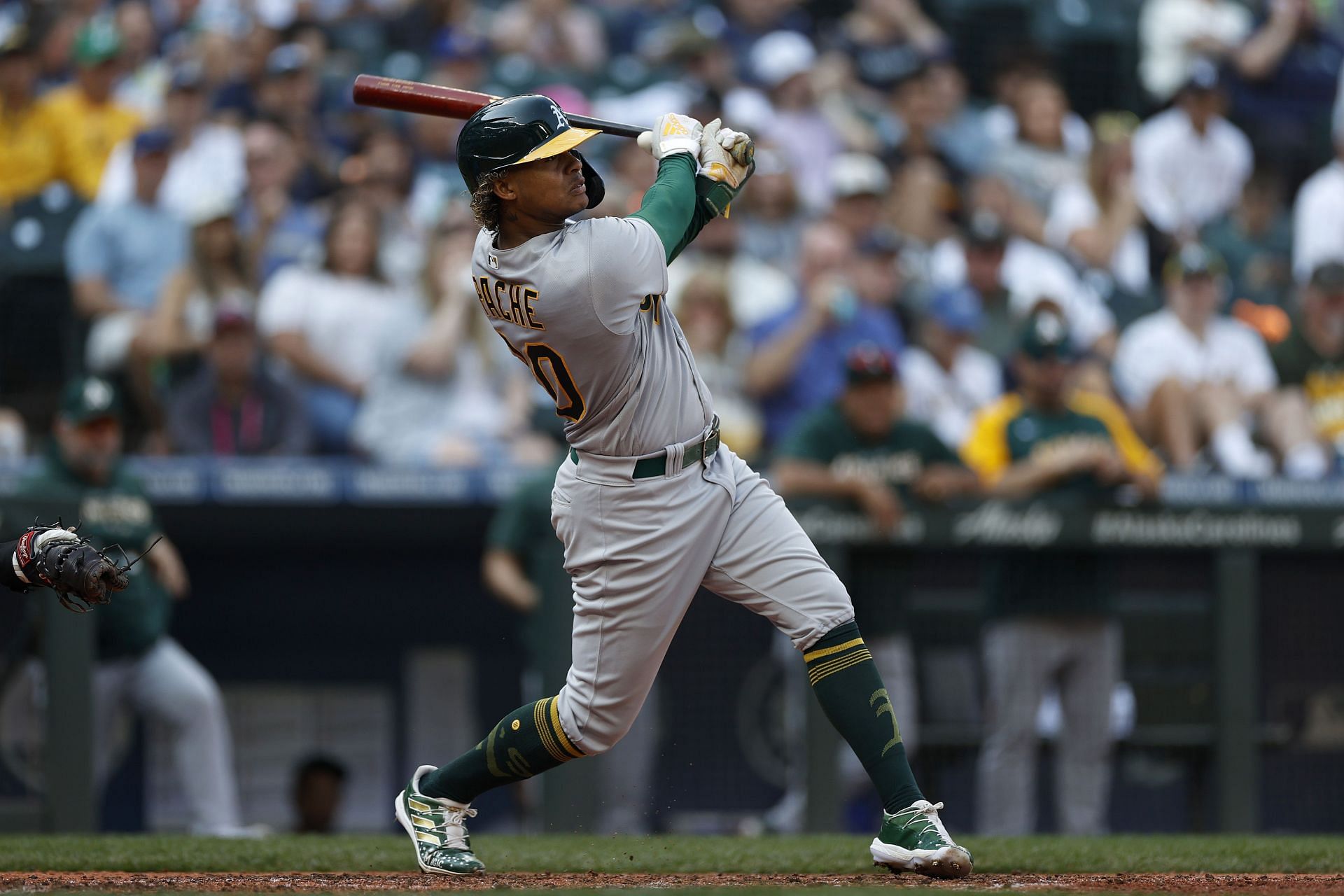 Cristian Pache of the Oakland Athletics at bat against the Seattle Mariners.