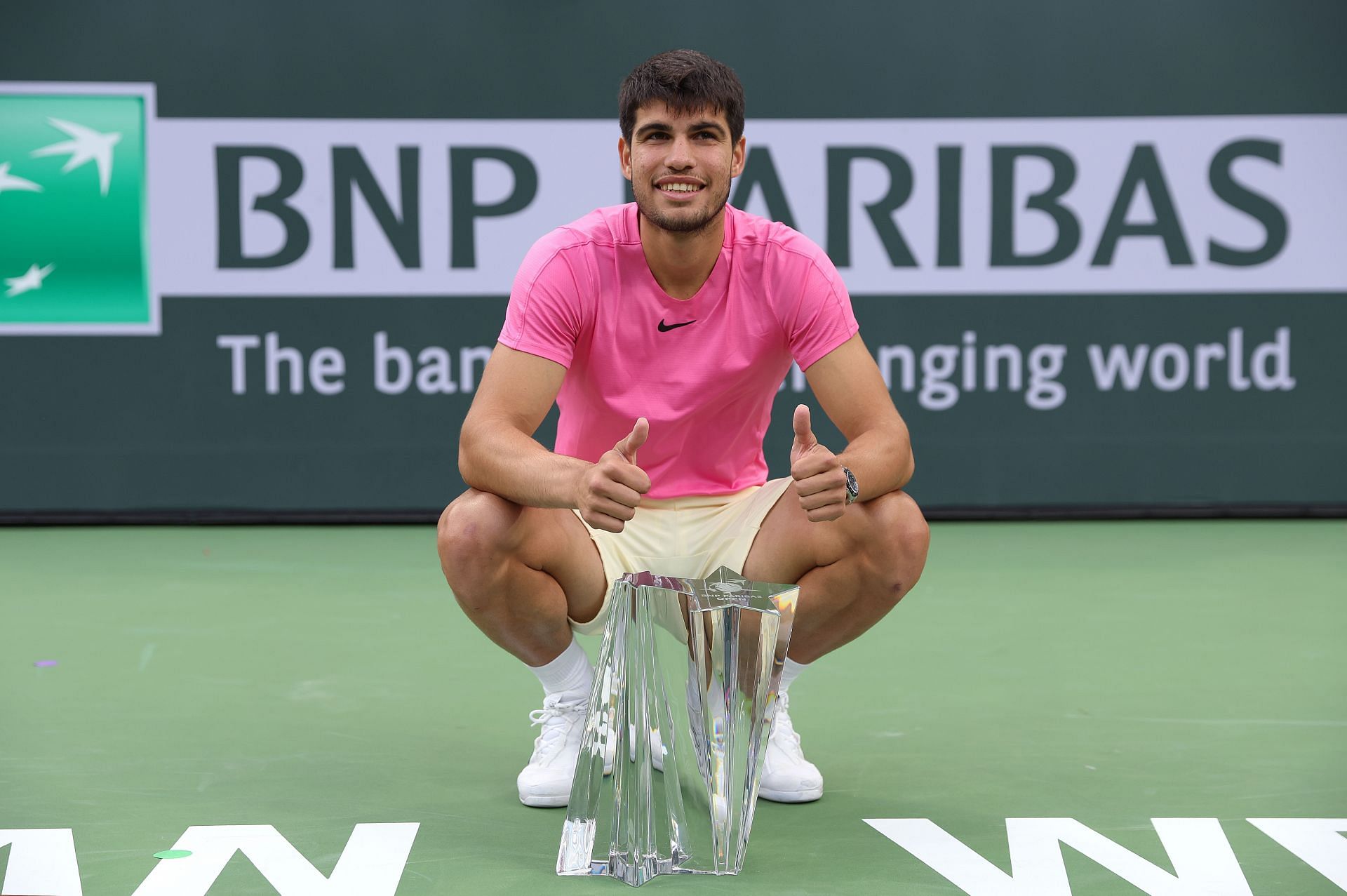 Carlos Alcaraz pictured with his Indian Wells trophy.