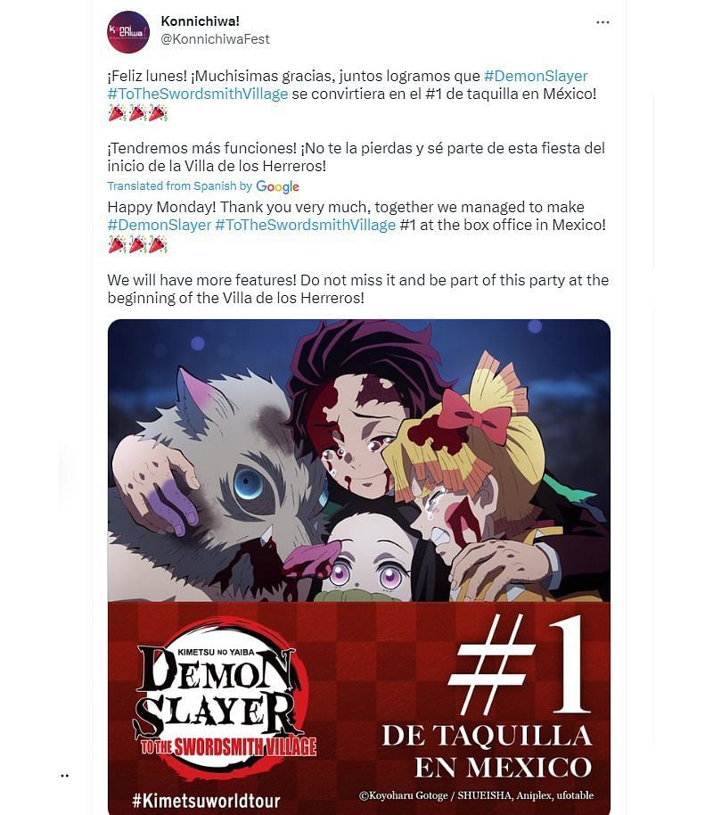 Demon Slayer: To The Swordsmith Village ranks #1 at Mexico's box office,  leaving Creed 3 and two other films behind