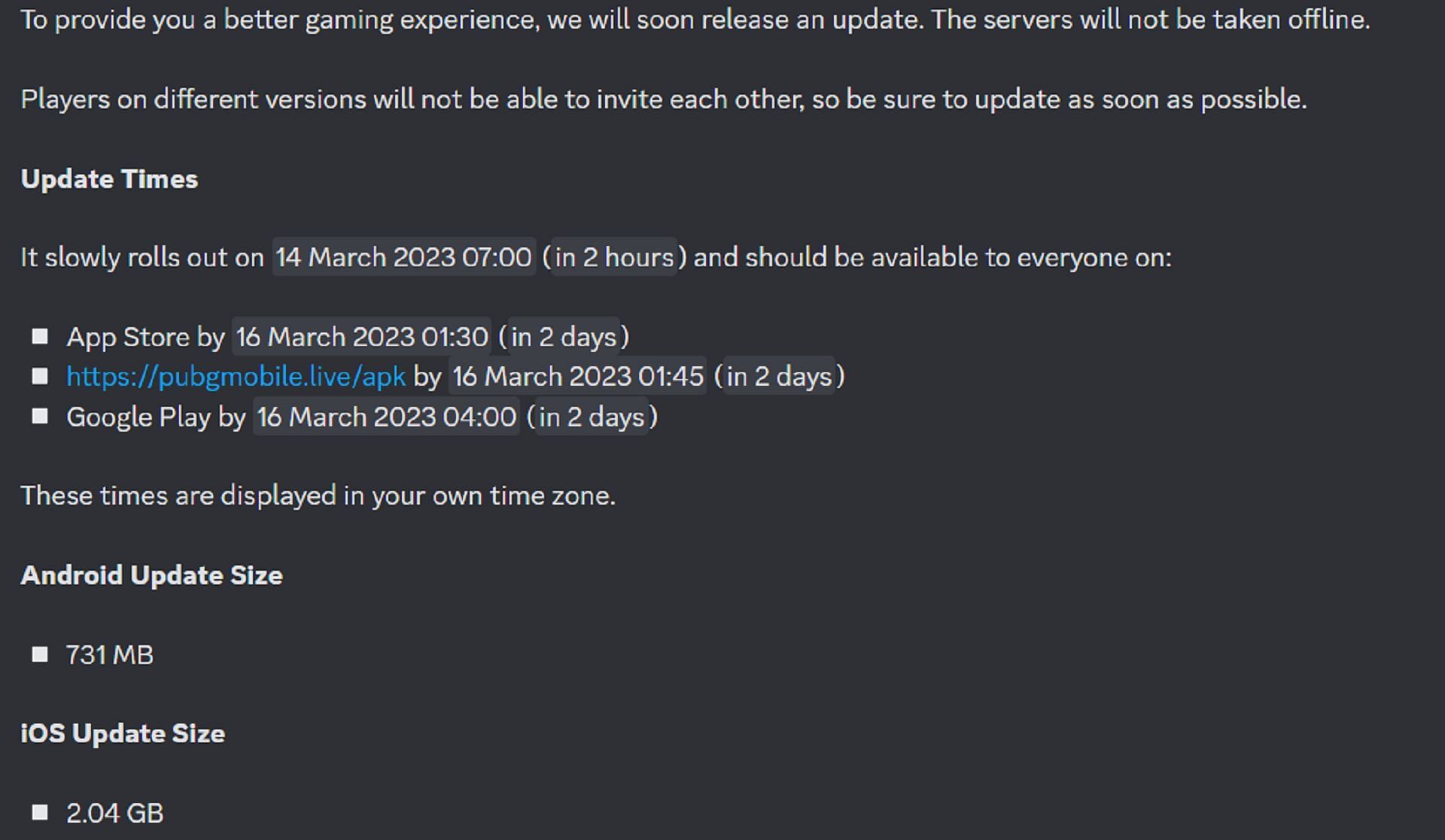 These are the release times for the 2.5 update (Image via PUBG Mobile/Discord)