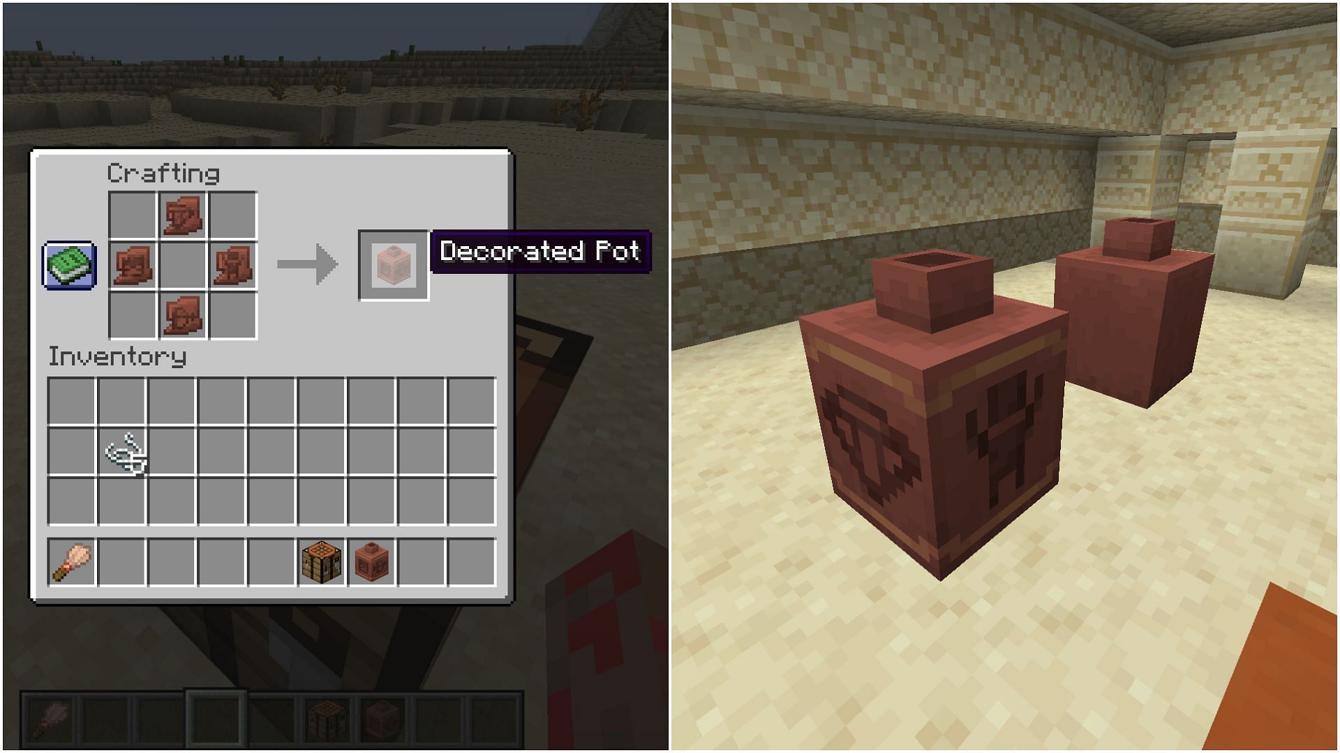 Decorated pots crafted with bricks will have no carvings in the sides in Minecraft 1.20 Trails and Tales update (Image via Mojang)