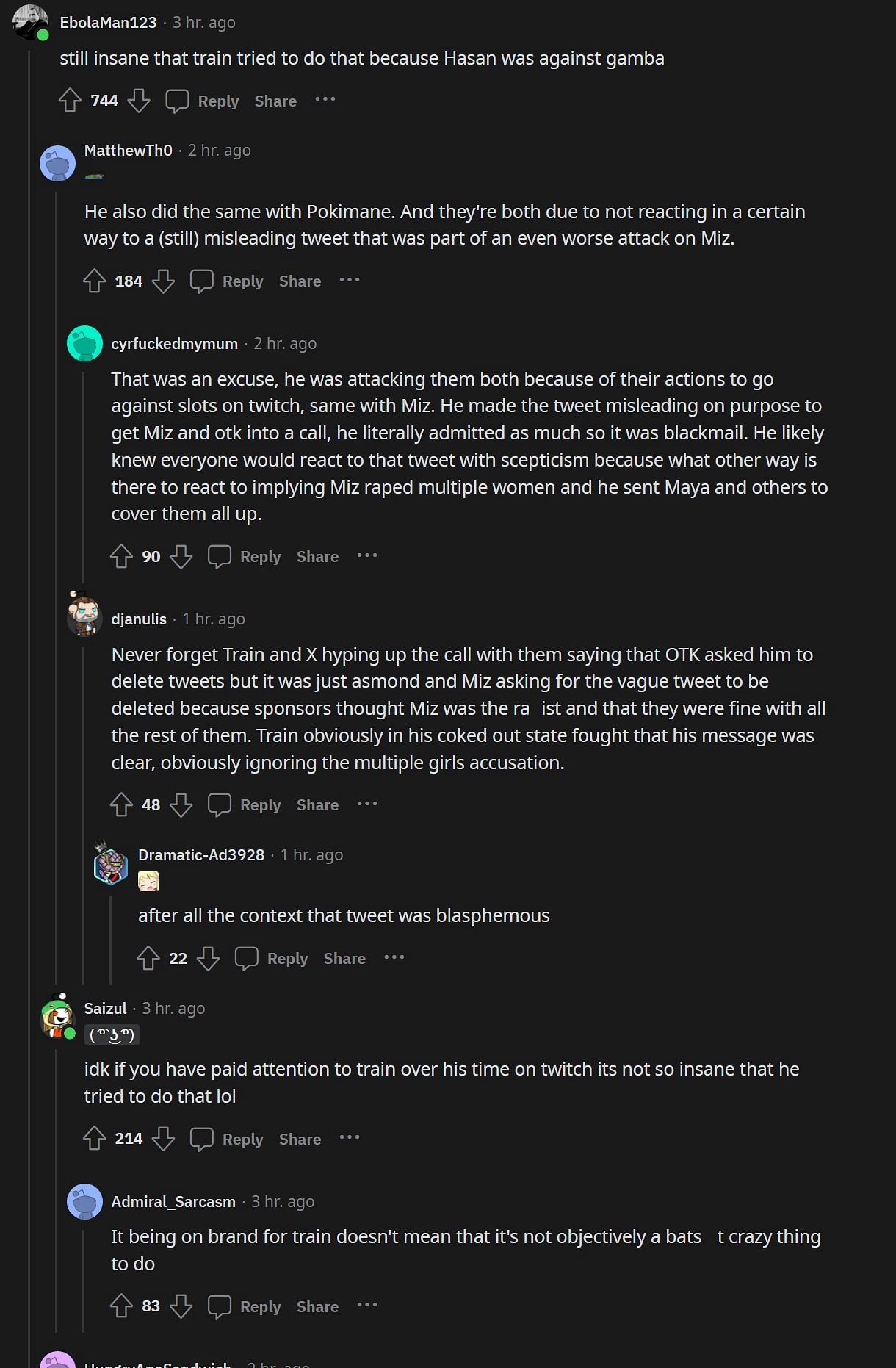 Reddit comentando los comentarios anteriores de Trainwreckstv sobre HasanAbi (Imagen a través de rLivestreamFail)