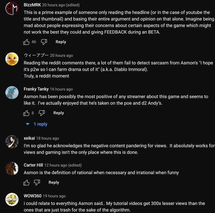 I fan nella sezione dei commenti di YouTube reagiscono alla clip dal vivo (Immagine tramite Asmongold Clips/YouTube)