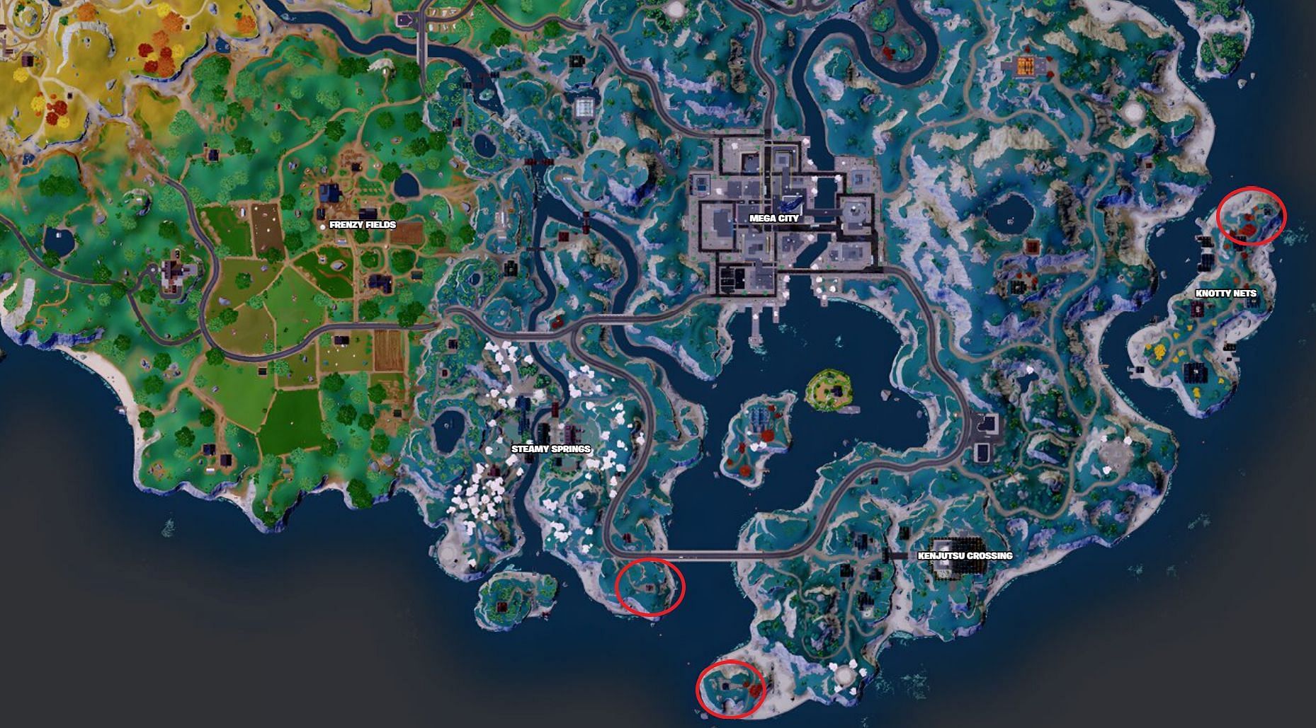 Aquí está la ubicación de los tres faros marcados en el mapa (Imagen a través de Fortnite.GG)
