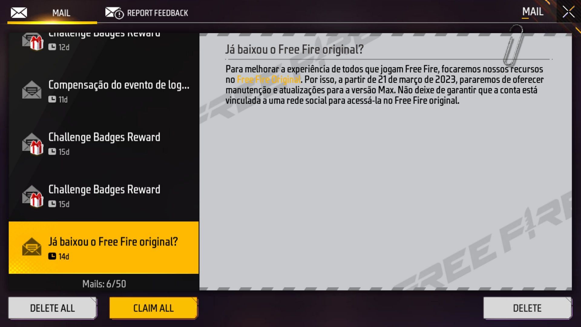 The notice posted on the Brazil server of the battle royale title (Image via Garena)