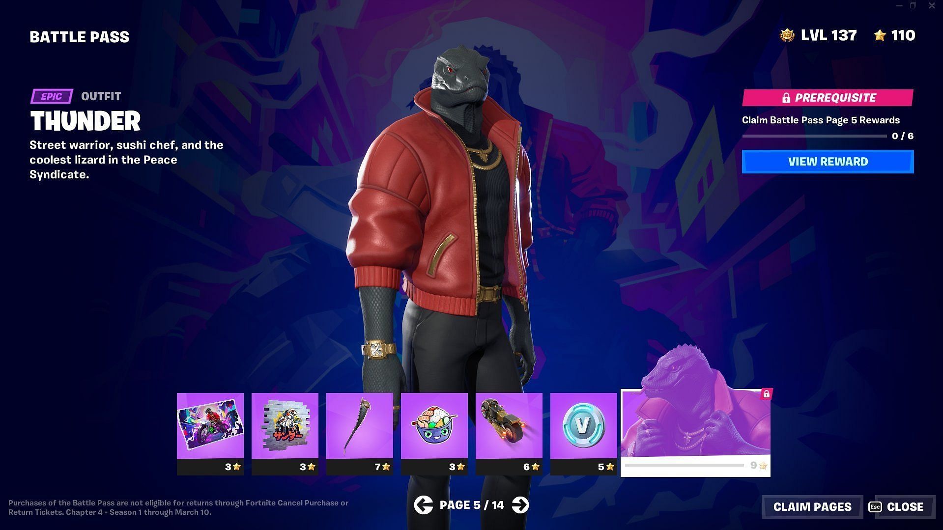 Fortnite Thunder skin on Page 5 of Chapter 4 Season 2 Battle Pass (Image via Epic Games)
