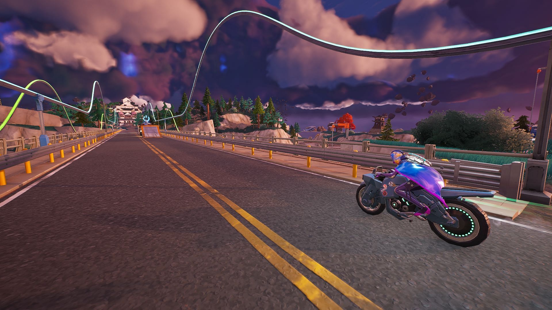 Keep an eye out for Rogue Bikes just east of Steamy Springs (Image via Epic Games/Fortnite)