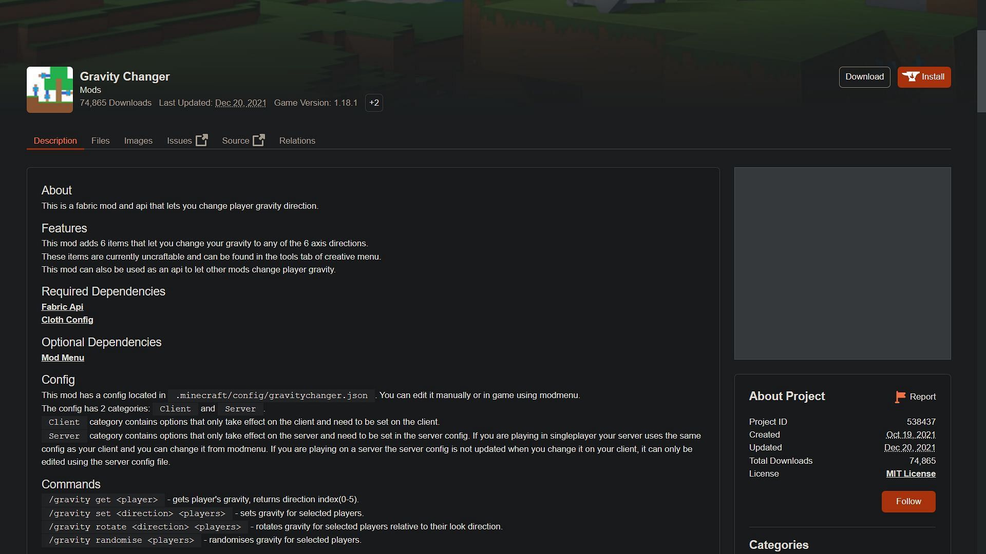 Gravity Changer Minecraft mod page on CurseForge website (Image via Sportskeeda)