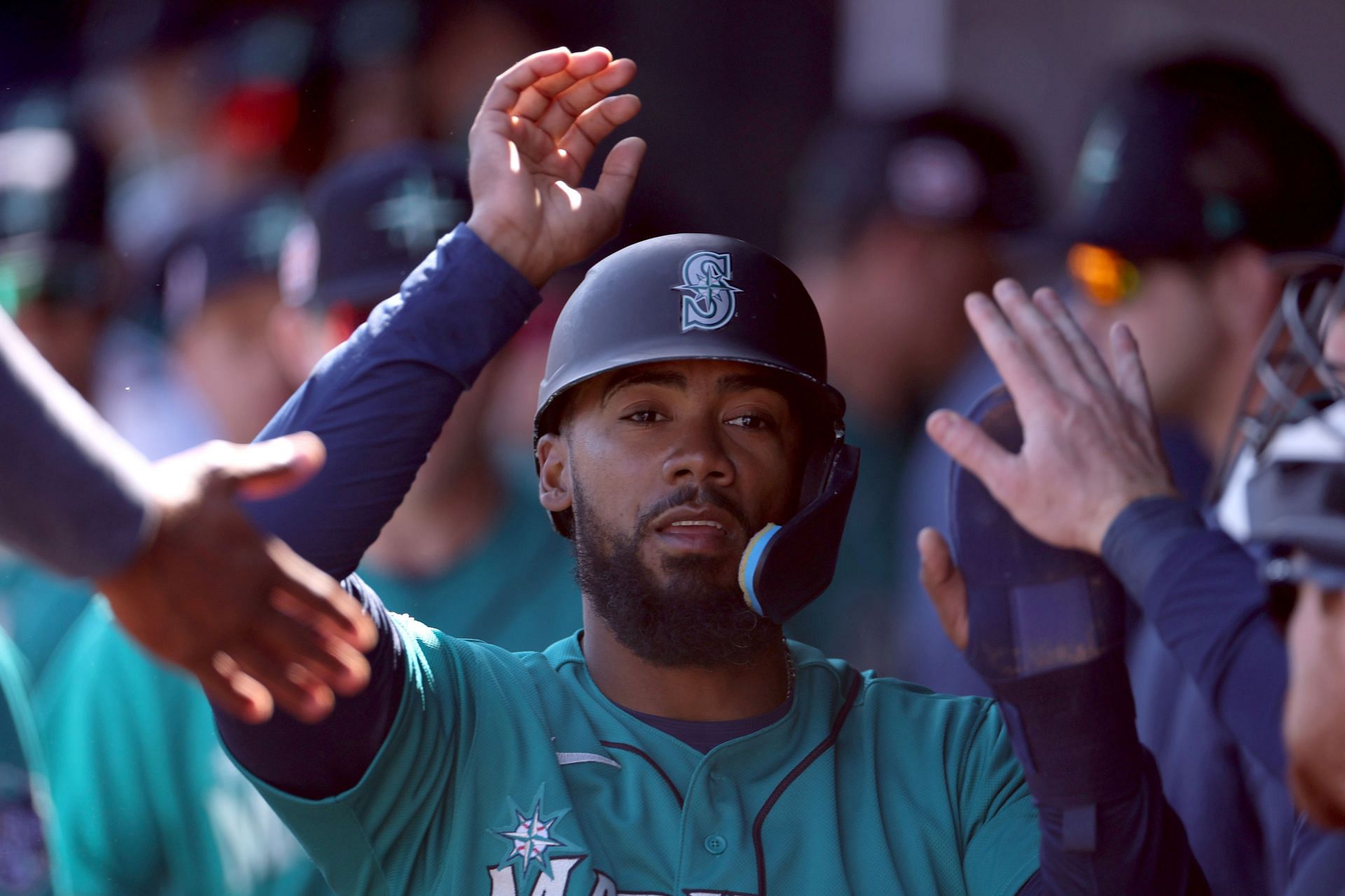 Teoscar Hernandez #35 of the Seattle Mariners reacts after an RBI double