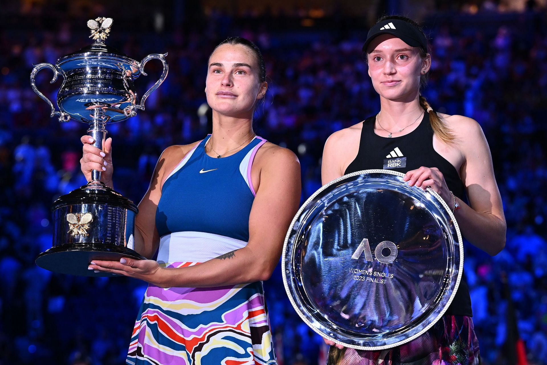 Aryna Sabalenka (L) and Elena Rybakina at the 2023 Australian Open.