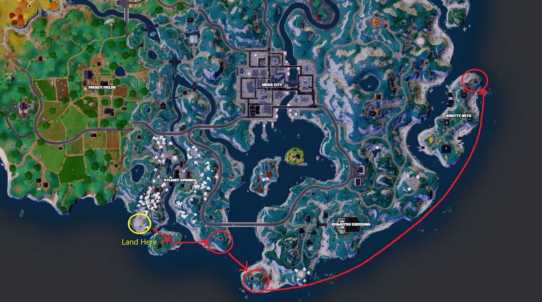 Aquí están los tres faros marcados en el mapa junto con una ruta para llegar a ellos (Imagen a través de Fortnite.GG)