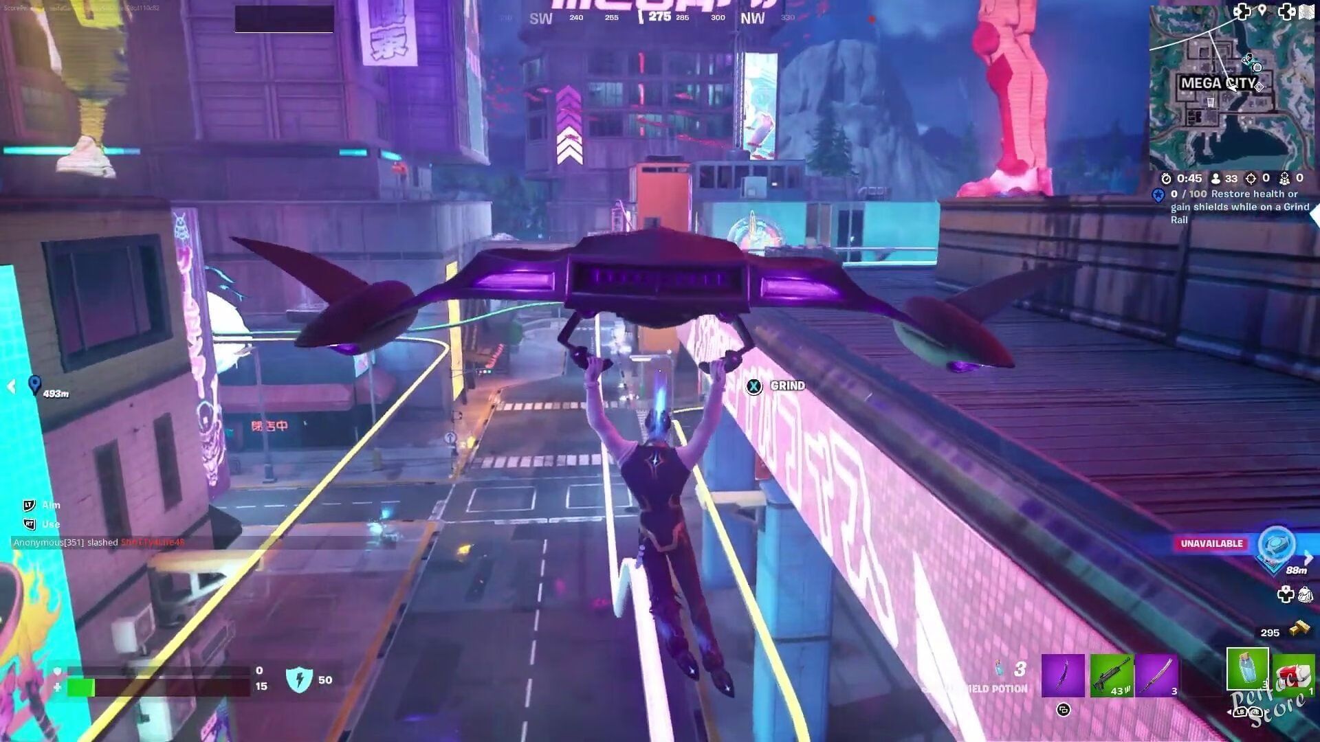 Where to land on a grind rail after jumping from the bus in Fortnite