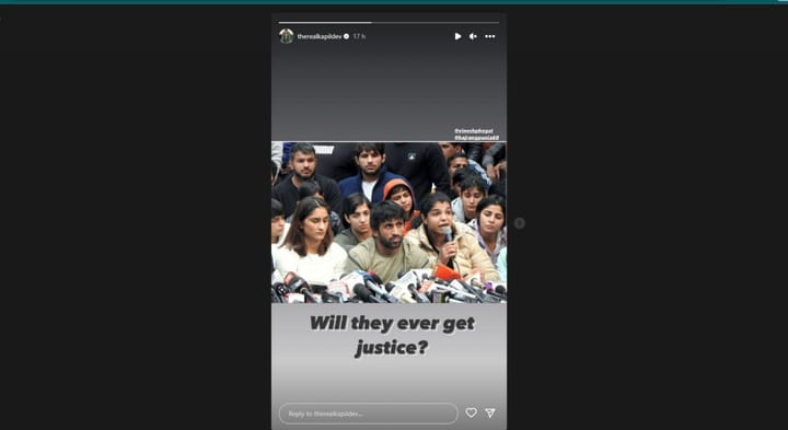 Kapil Dev shared an Instagram story on Thursday, April 27.