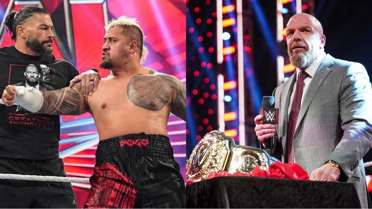 अनडिस्प्यूटेड WWE यूनिवर्सल चैंपियन रोमन रेंस, सोलो सिकोआ और ट्रिपल एच 