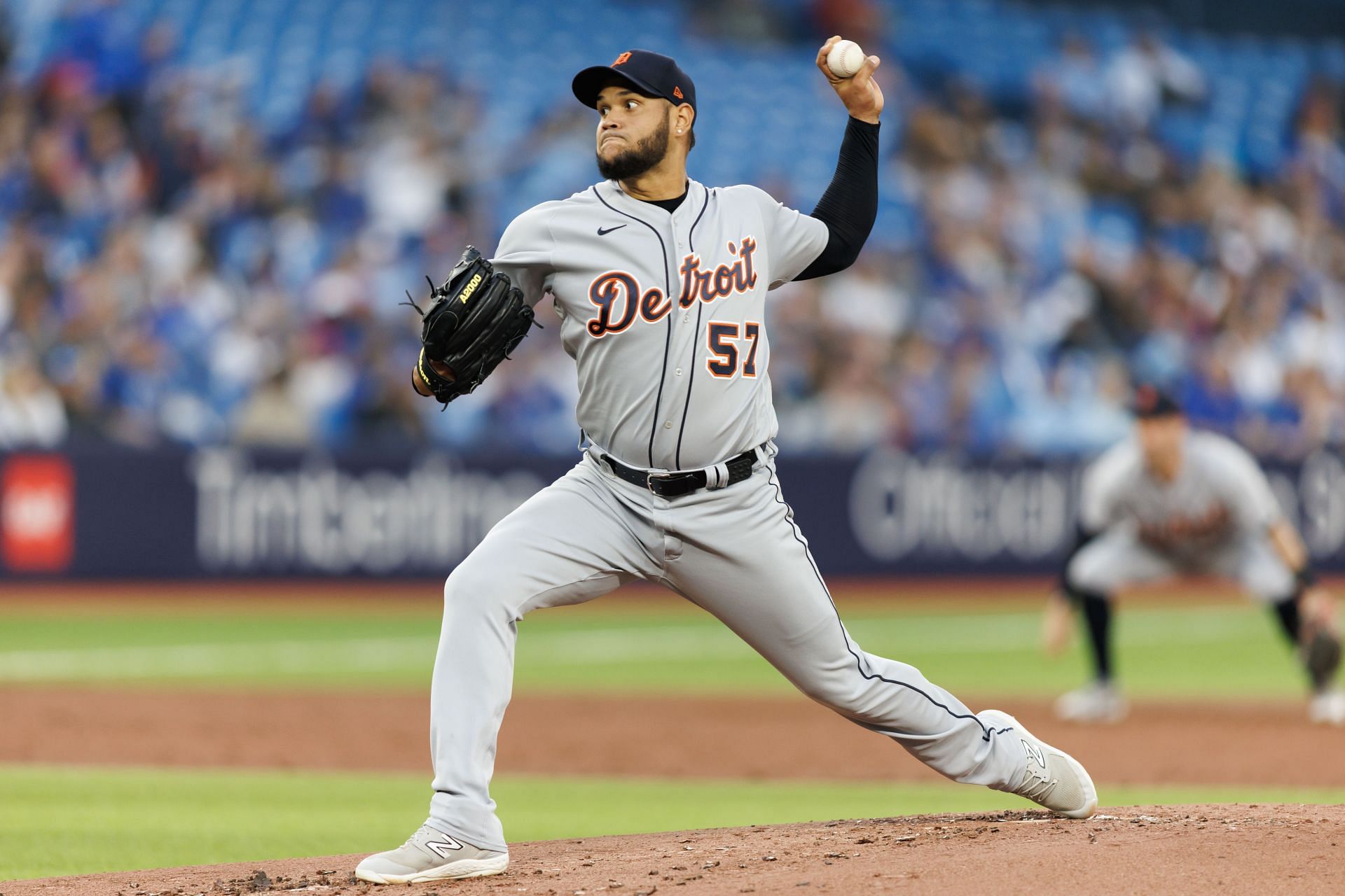 Eduardo Rodriguez of the Detroit Tigers pitches against the Toronto Blue Jays at Rogers Centre