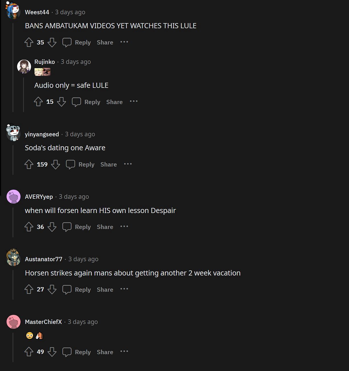 Redditors reaccionando al clip sexualmente explícito que podría ser el motivo de la prohibición de Forsen (Imagen a través de r/LivestreamFail)