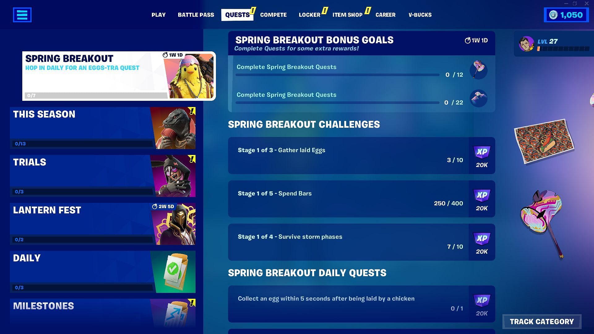 Complete Spring Breakout Quests/Challenges as soon as they appear (Image via Epic Games/Fortnite)