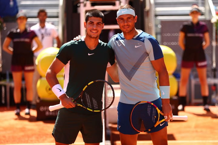 Carlos Alcaraz and Rafael Nadal at the 2022 Madrid Open.