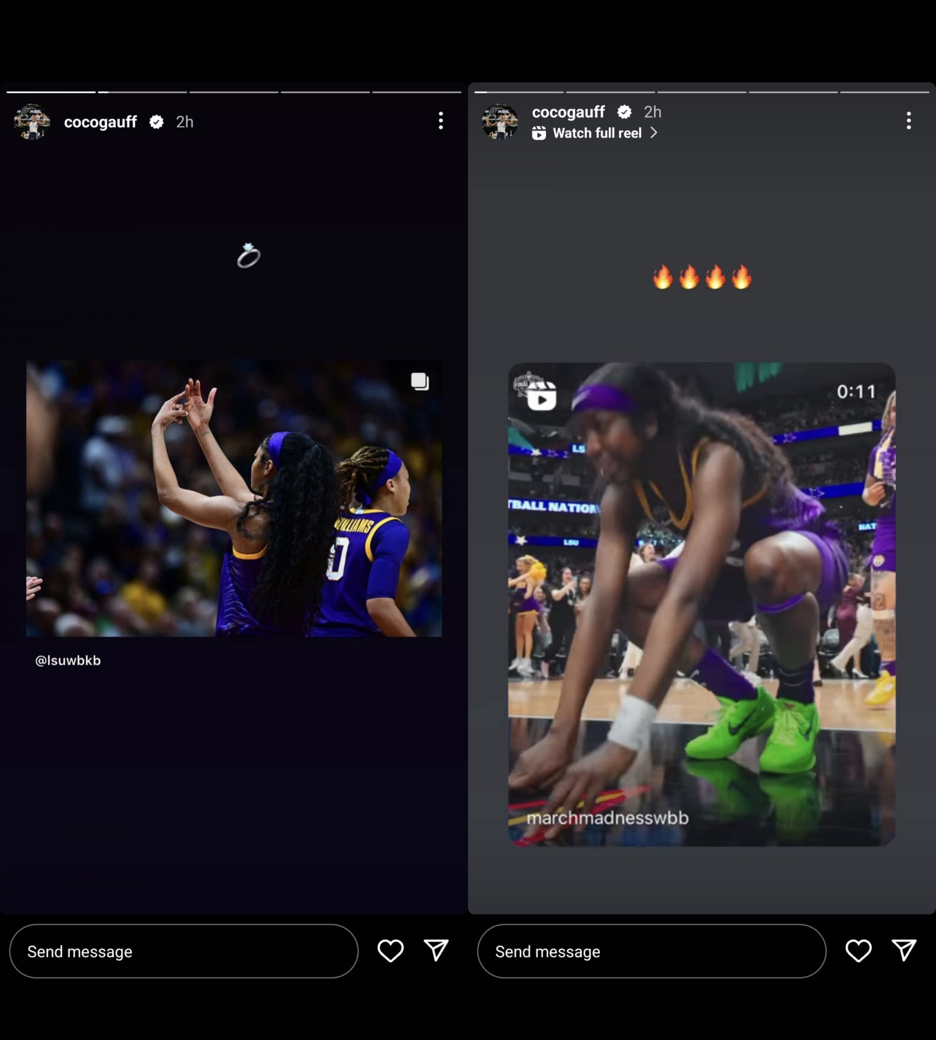 Coco Gauff reacts to Louisiana State University winning the National Championships