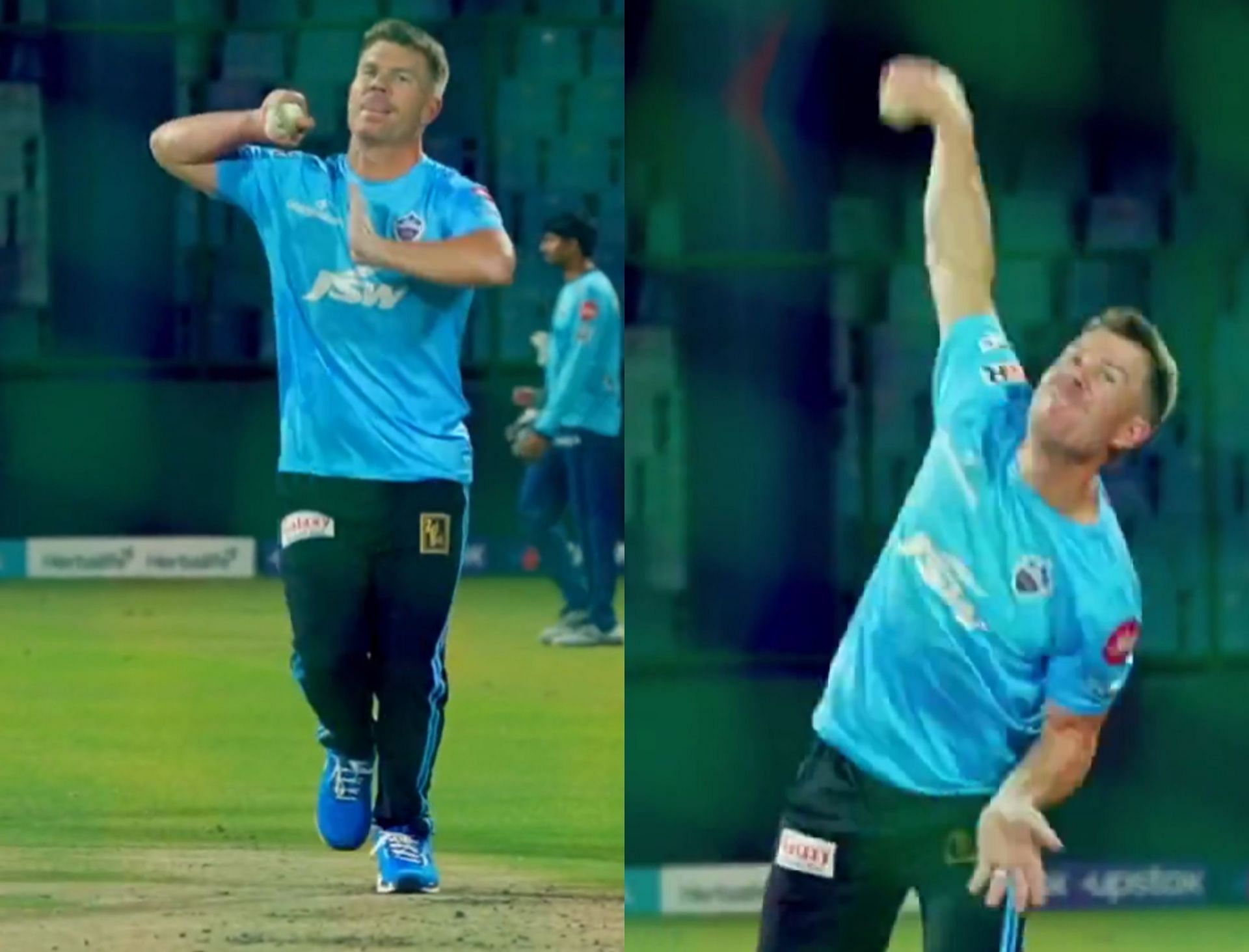 David Warner shows off his bowling skills in a net session