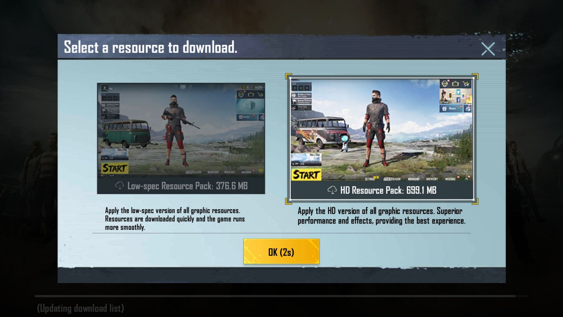 Select one of the two resource packs and click the OK button to download it (Image via Tencent)