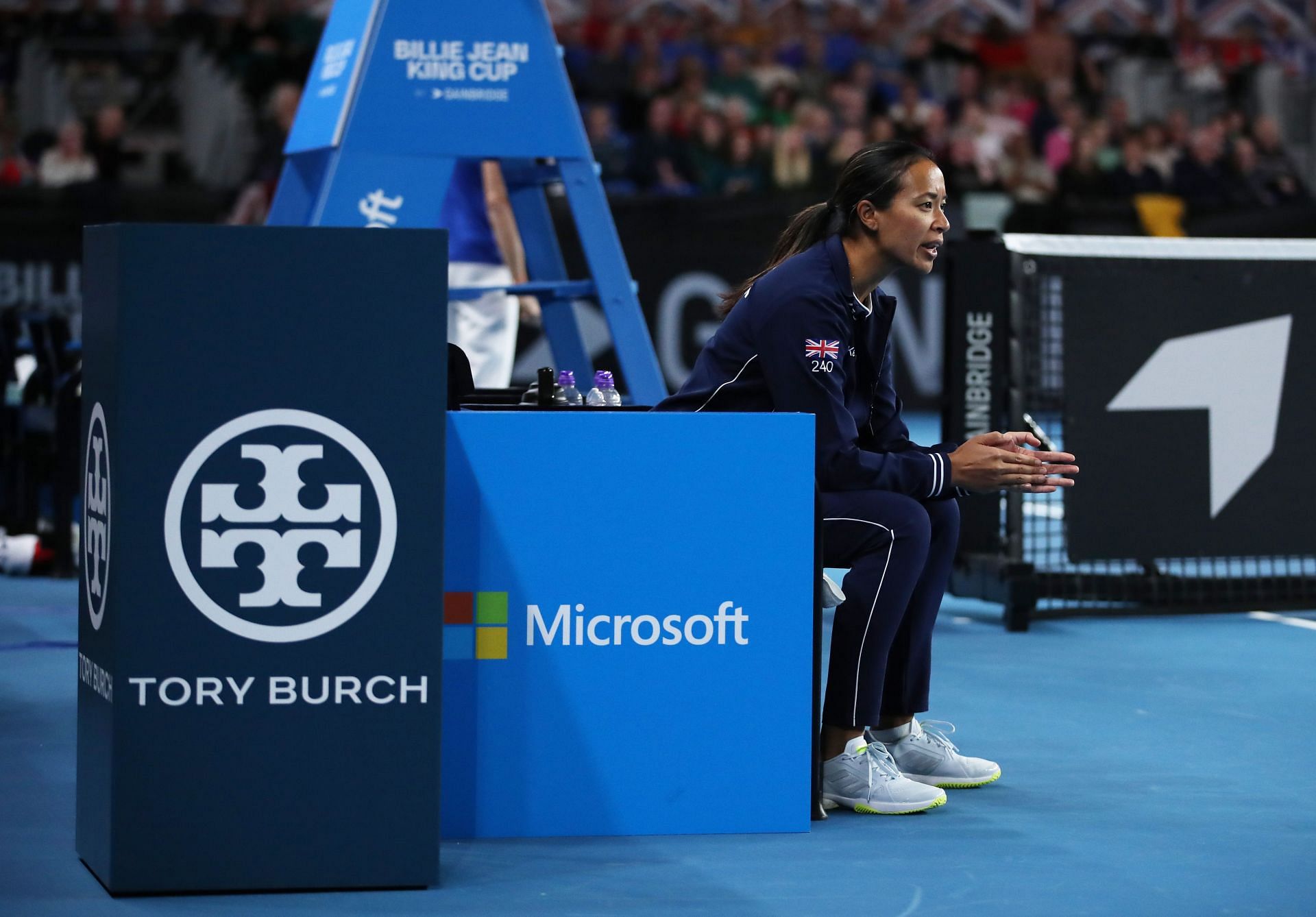 Anne Keothavong reacts during a Billie Jean King Cup Qualifier match in Coventry, England.