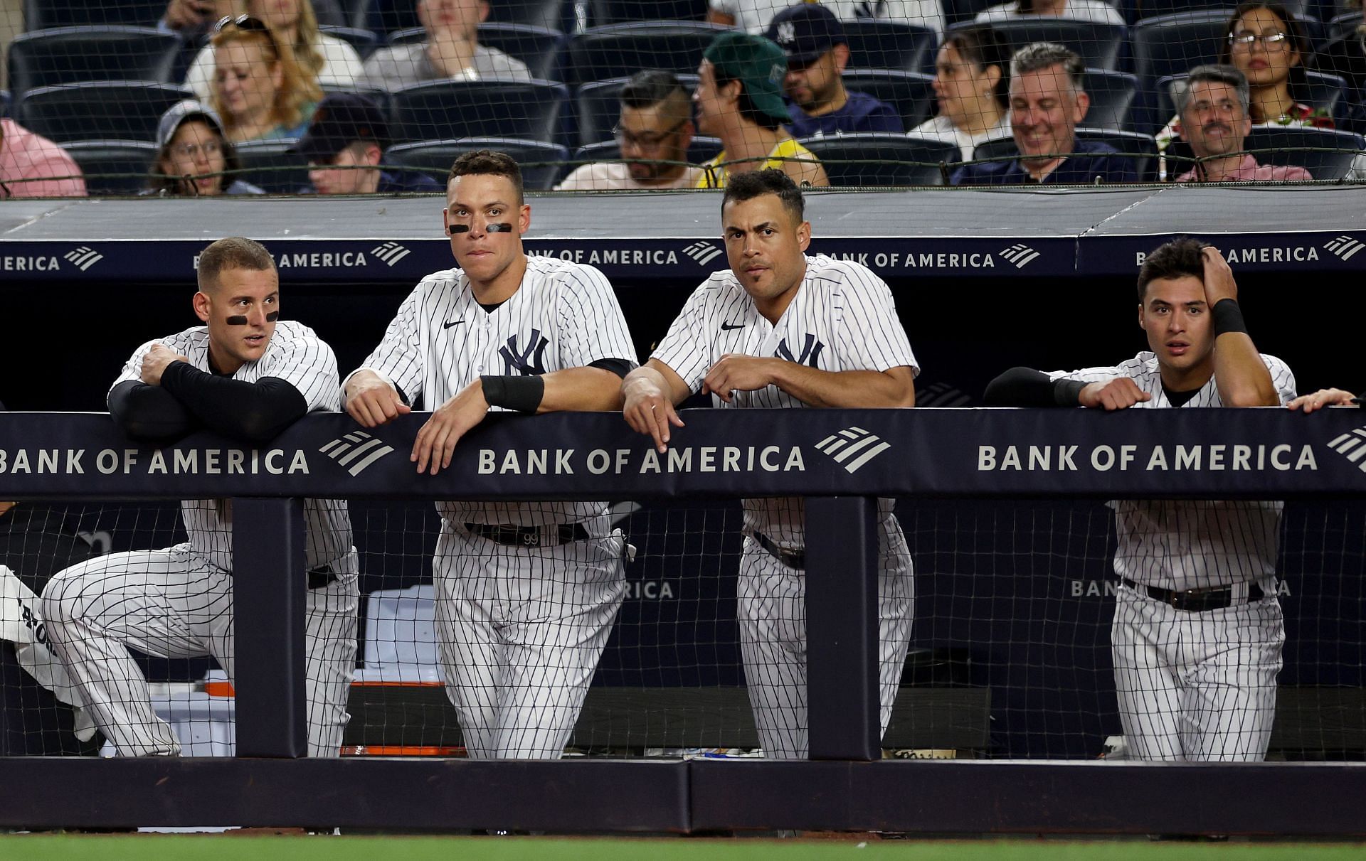 Anthony Rizzo, left to right,Aaron Judge, Giancarlo Stanton and Anthony Volpe of the New York Yankees