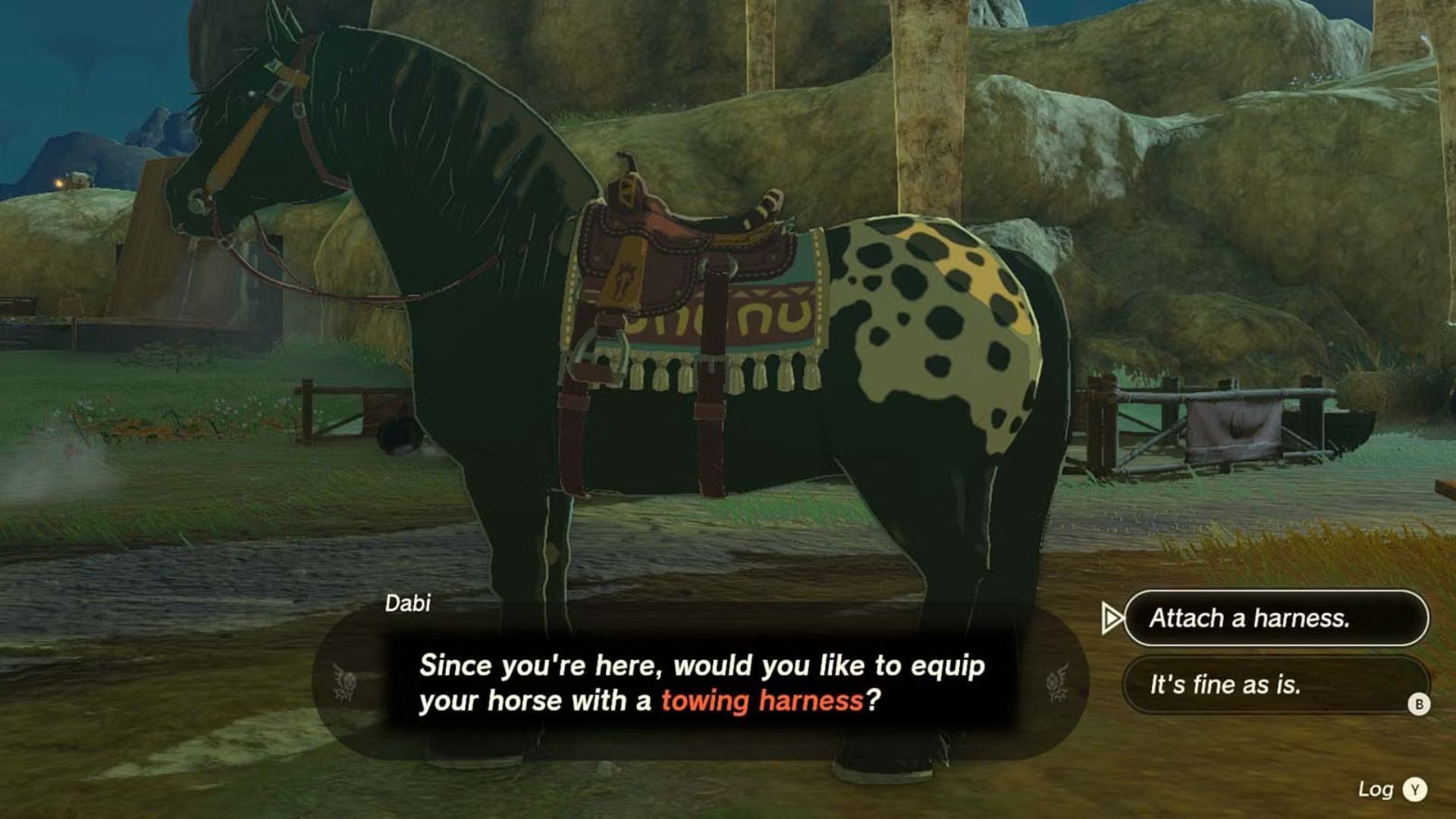How to unlock and put a towing harness on a horse in Legend of Zelda