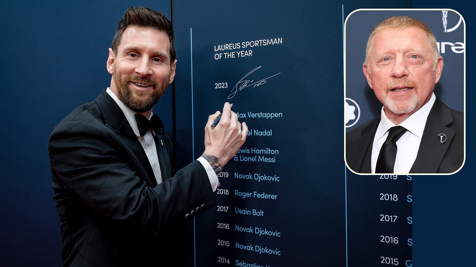 Boris Becker congratulates Lionel Messi on winning Laureus Sportsman of the Year and Team of the Year awards