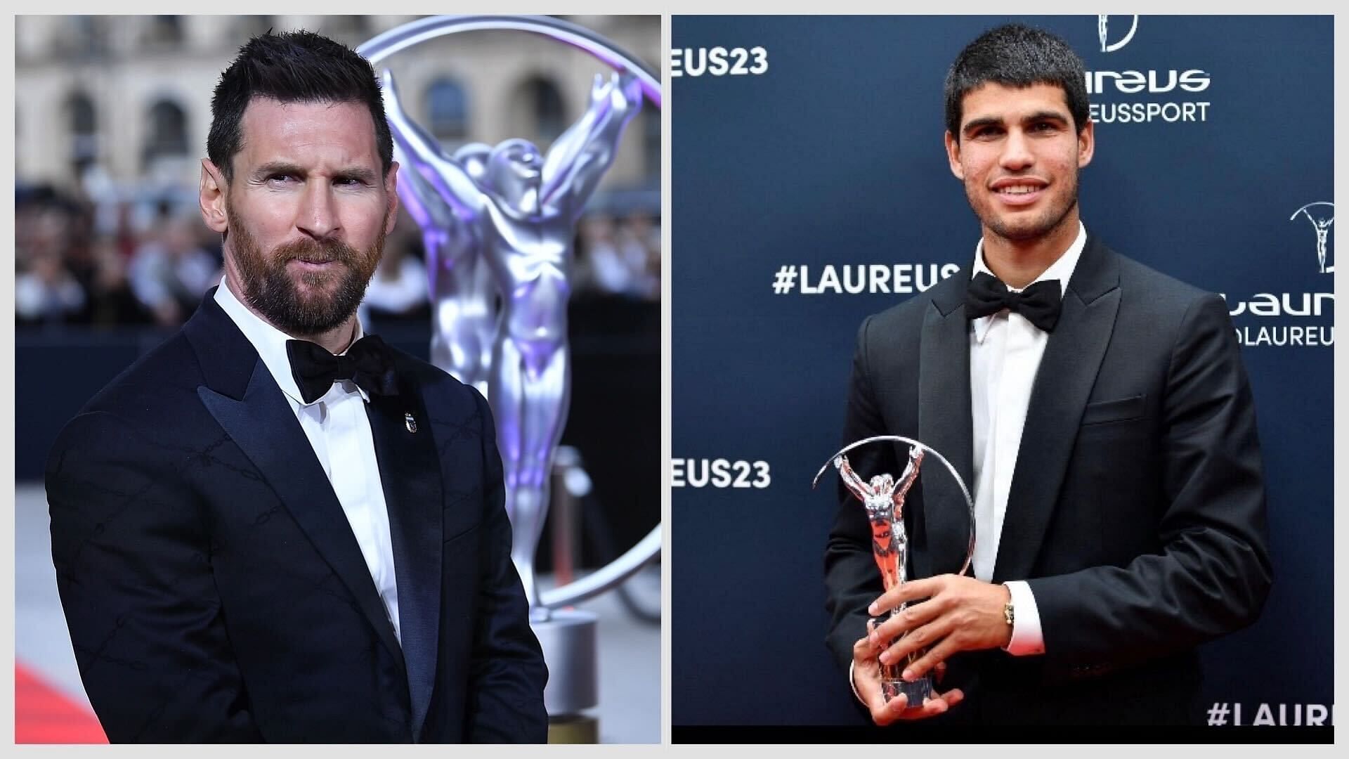 Laureus award winners Carlos Alcaraz and Lionel Messi cross paths on the red carpet