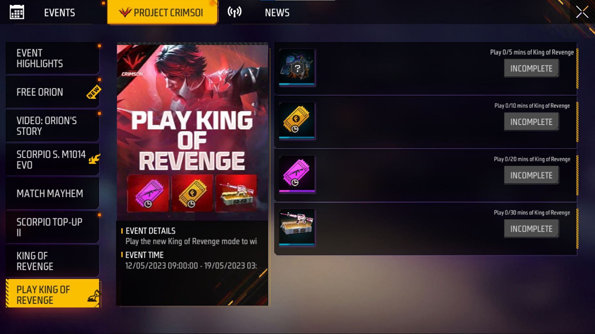 Play King of Revenge event in Free Fire MAX (Image via Garena)