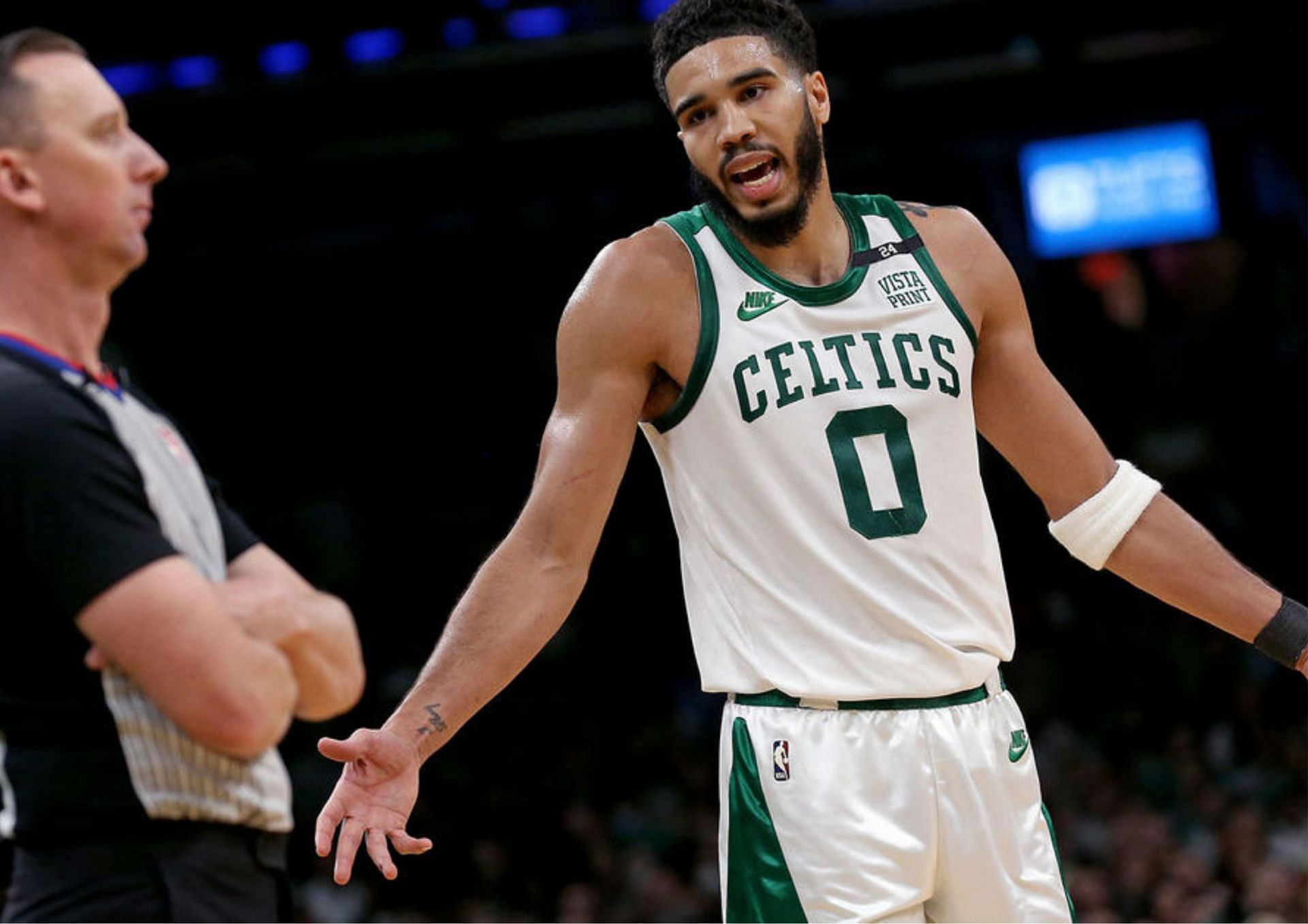 Jayson Tatum was called for an early technical foul following a no-call on his dunk in the first quarter against the Miami Heat.