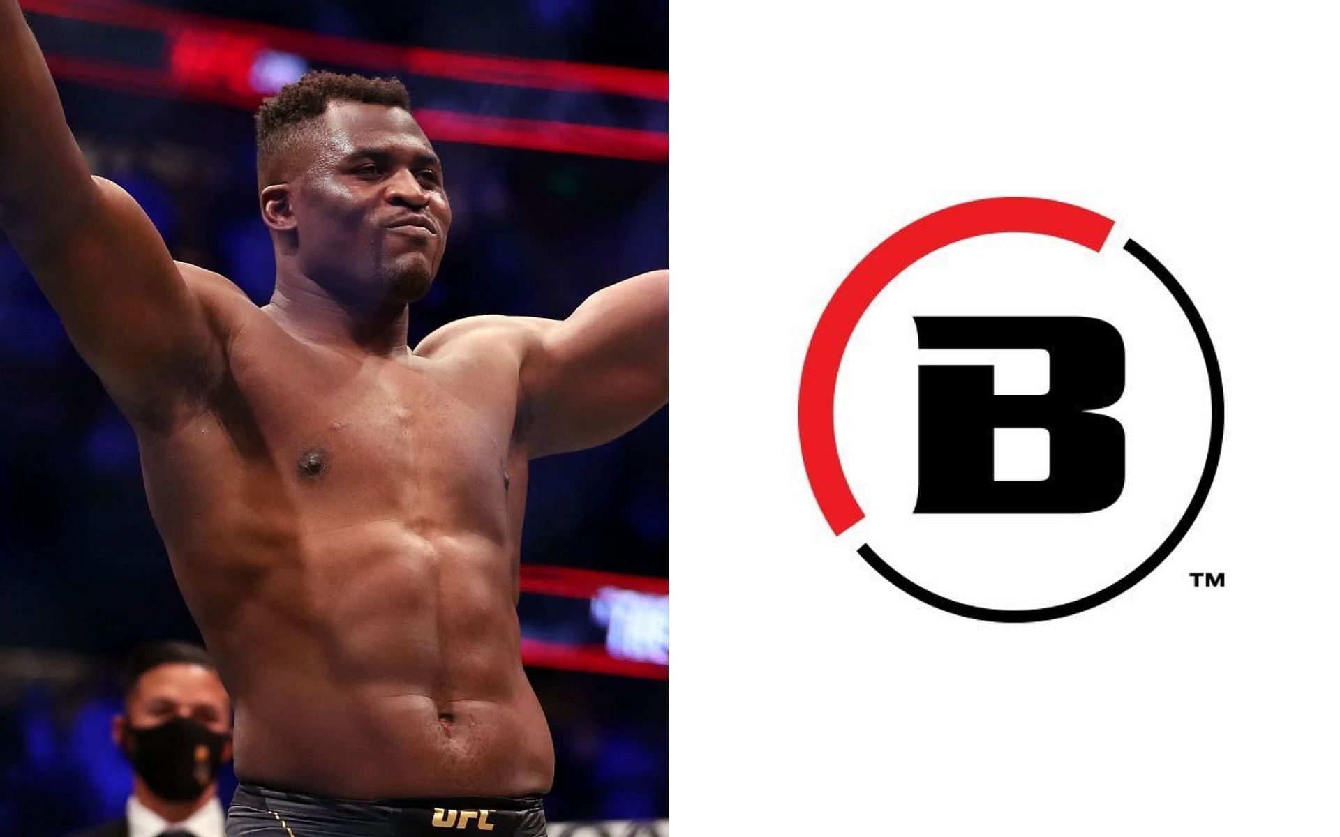 Francis Ngannou [Left], and Bellator MMA logo [Right] [Photo credit: @BellatorMMA - Twitter]